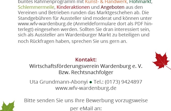 Ausstellerinformationen Wardenburg Herbstmarkt 2026 mit verkaufsoffenem Sonntag, Flohmarkt, Gewerbeschau und Kunsthandwerk. Ausstelleranmeldung unter https://wfv-wardenburg.de/wardenburger-markt/ herbstmarkt_wardenburg_2026_ausstellerinformation