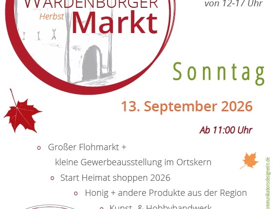 Verkaufsoffener Sonntag Herbstmarkt 13.09.2026 Wardenburg LK Oldenburg mit großem Flohmarkt, kleiner Gewerbeausstellung, Kunsthandwerk und Aktionen für Kinder. Eintritt frei. Ausstellerinformationen unter https://wfv-wardenburg.de/wardenburger-markt/ herbstmarkt_wardenburg_2026_flyer_plakat